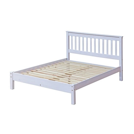 Product photograph of Consett Double Size Slatted Bed In White Washed Wax Finish from Furniture in Fashion