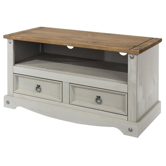 Photo of Consett tv stand in grey washed wax finish with two drawers