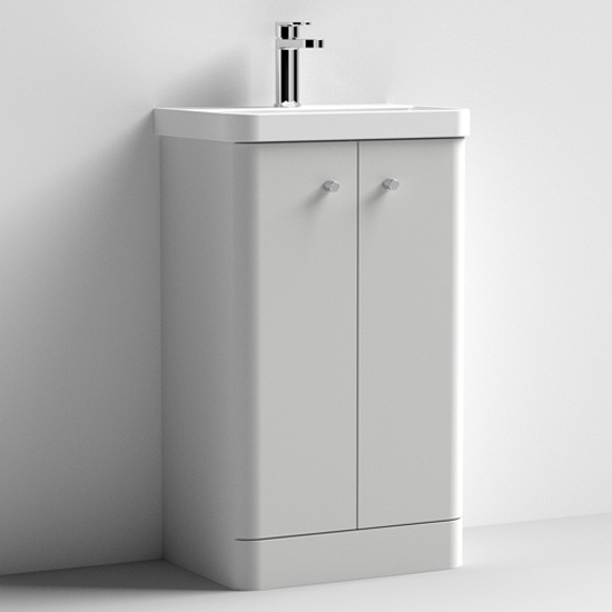 Read more about Corinth 50cm floor vanity unit with basin in gloss grey mist