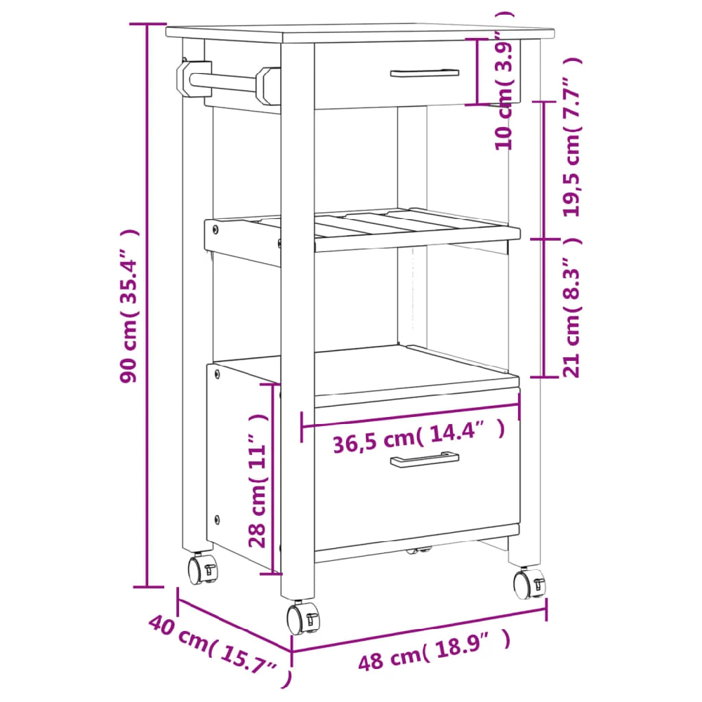 Corinth Wooden Kitchen Trolley With 2 Drawers In Brown