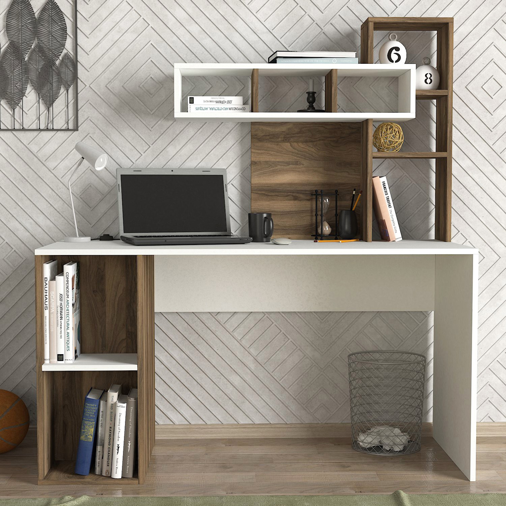 Corlano Wooden Laptop Desk With 9 Shelves In White And Walnut