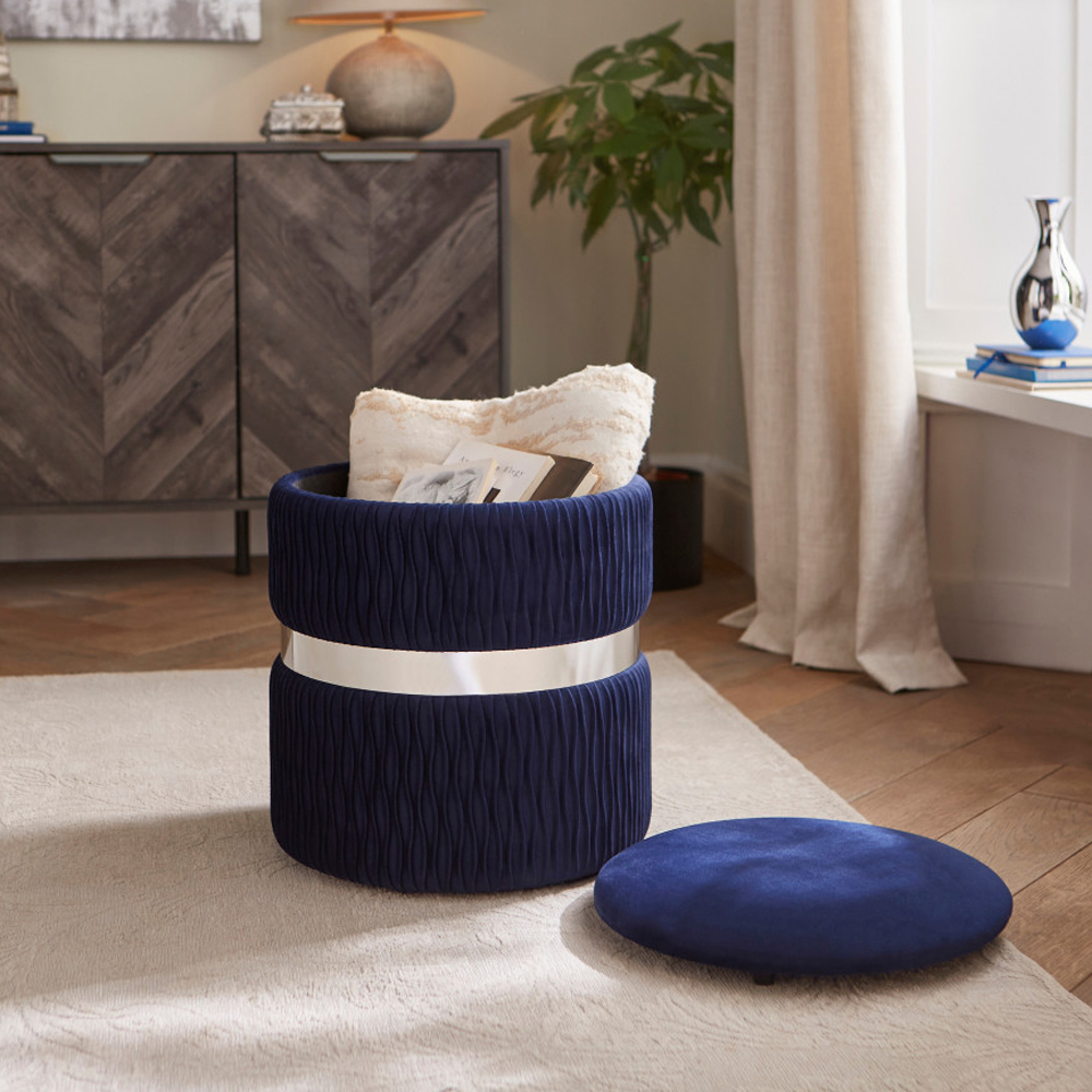 Cormeo Velvet Ottoman Storage Stool in Midnight Blue