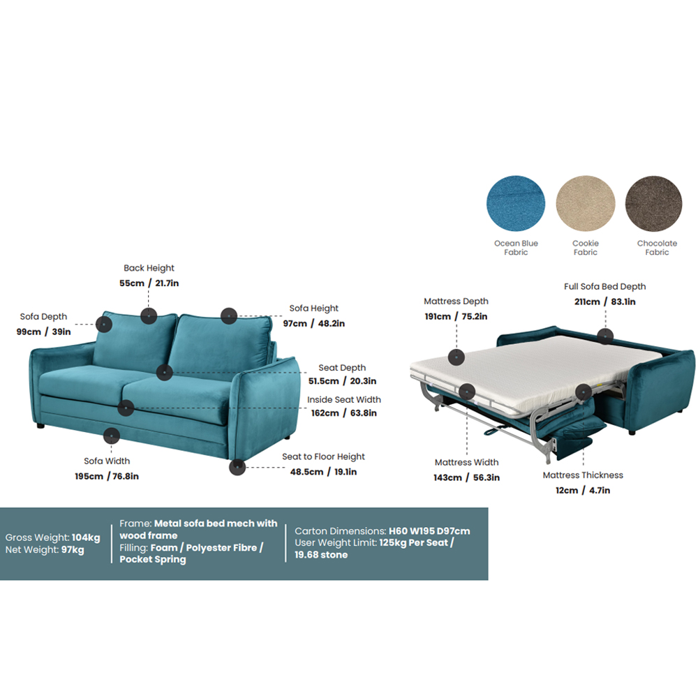 Cormex Fabric Sofa Bed in Ocean Blue