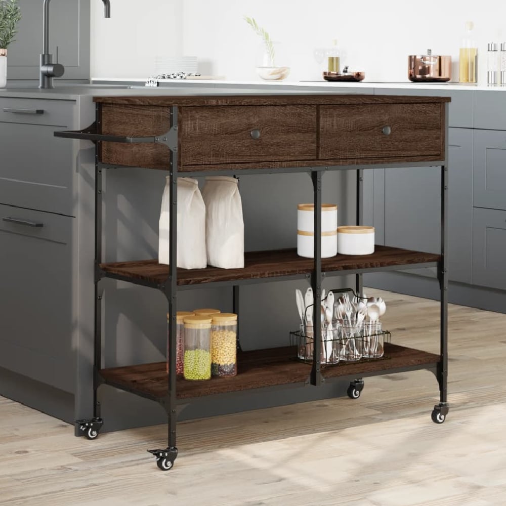 Read more about Cornelius wooden kitchen trolley with 2 drawers in brown oak