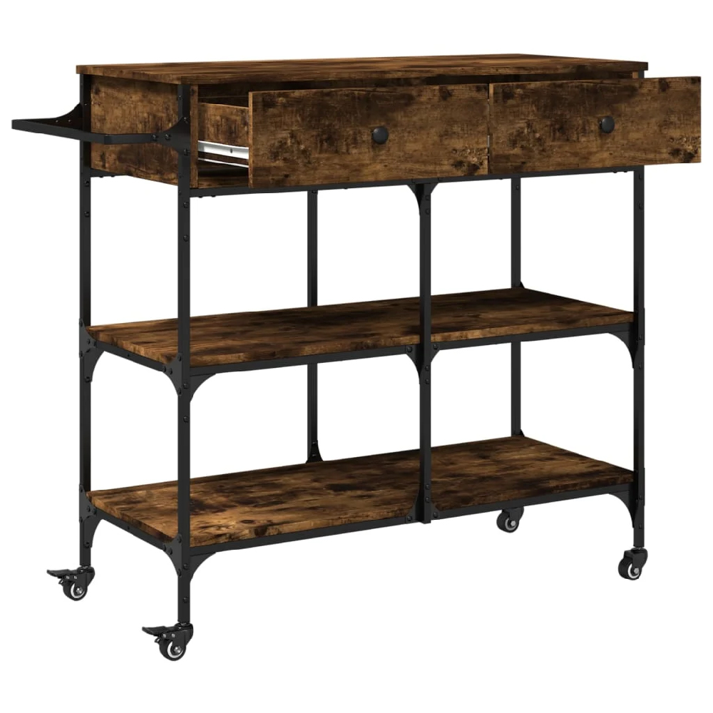 Cornelius Wooden Kitchen Trolley With 2 Drawers In Smoked Oak