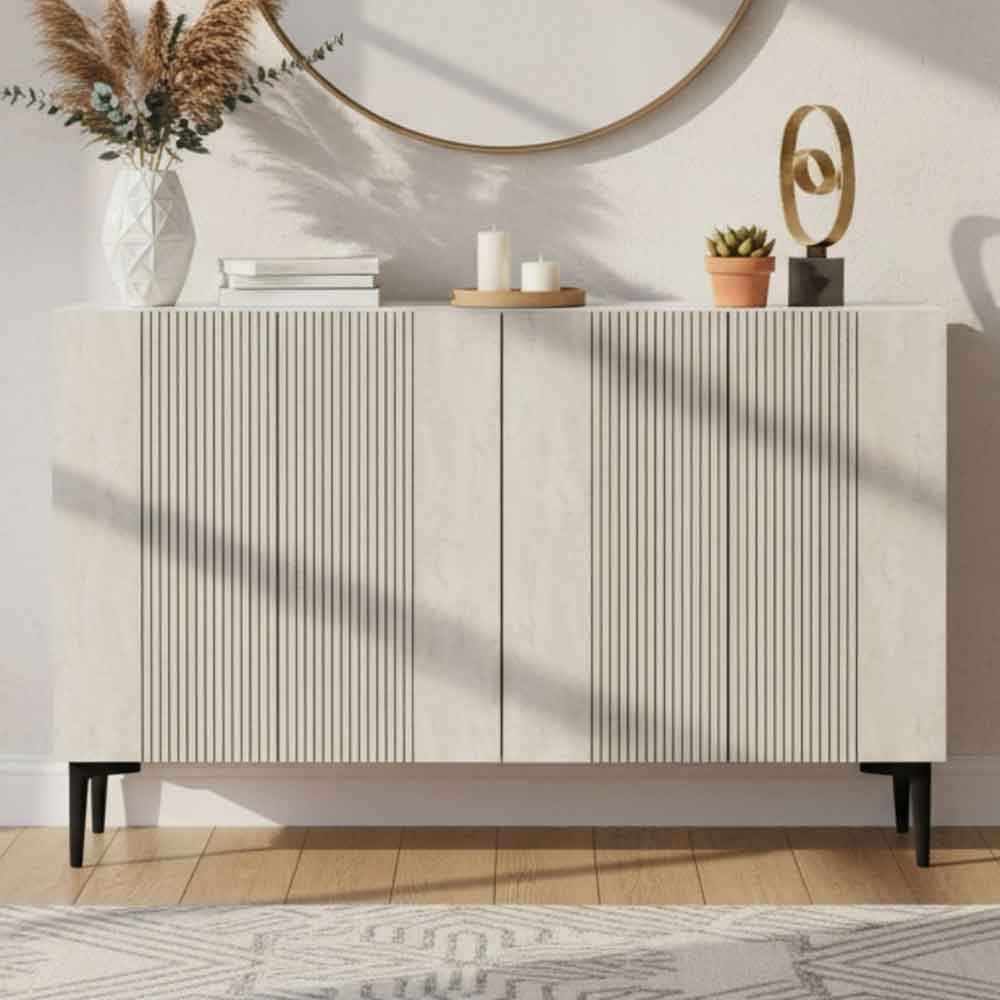 Corsa 1200mm Wooden Sideboard with 4 Doors in White and Travertine Marble Effect