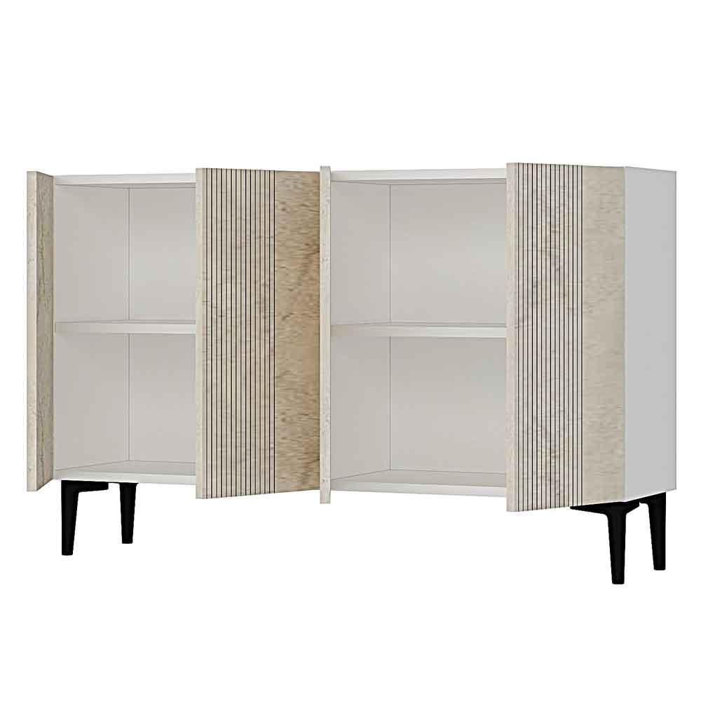 Corsa 1200mm Wooden Sideboard with 4 Doors in White and Travertine Marble Effect