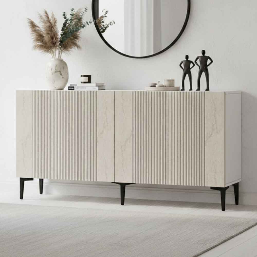 Corsa 1500mm Wooden Sideboard with 4 Doors in White and Travertine Marble Effect