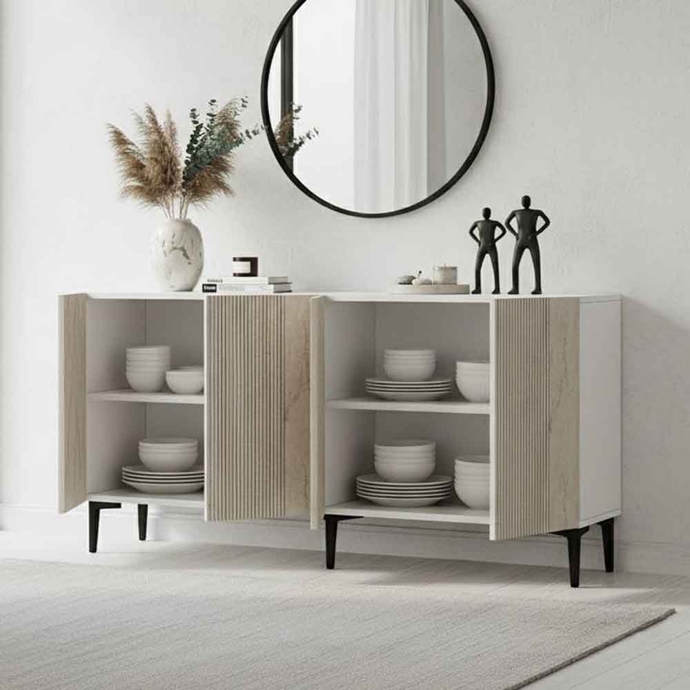 Corsa 1500mm Wooden Sideboard with 4 Doors in White and Travertine Marble Effect
