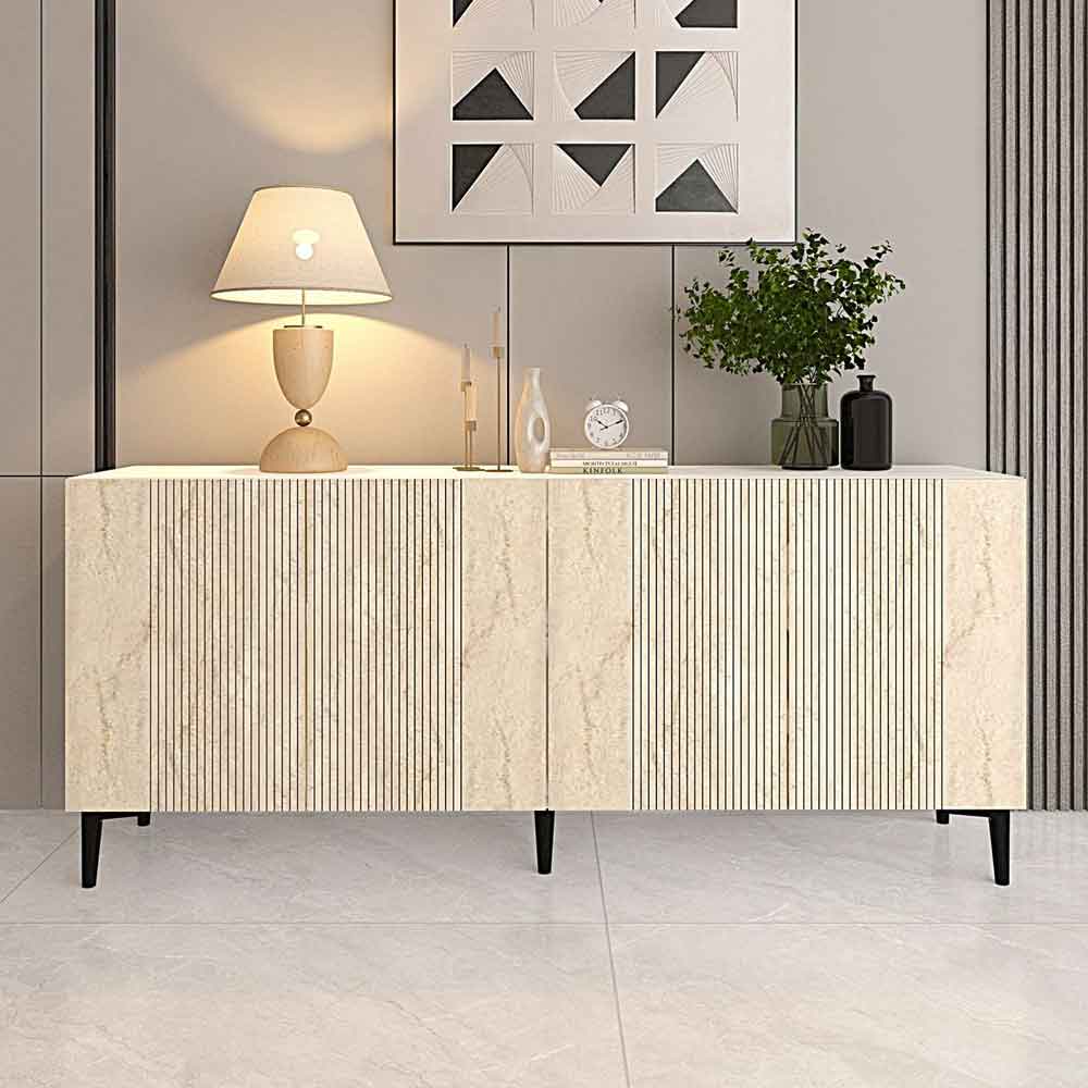 Corsa 1500mm Wooden Sideboard with 4 Doors in White and Travertine Marble Effect