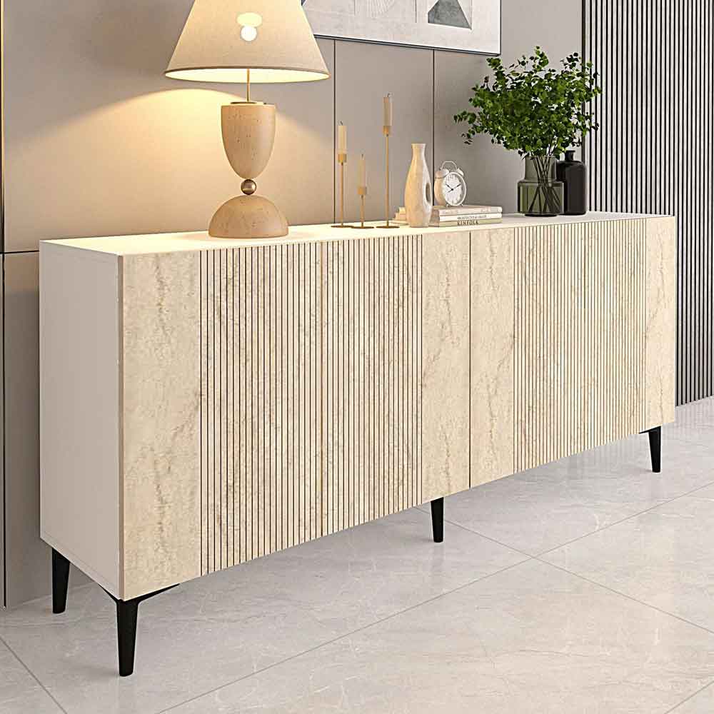 Corsa 1500mm Wooden Sideboard with 4 Doors in White and Travertine Marble Effect