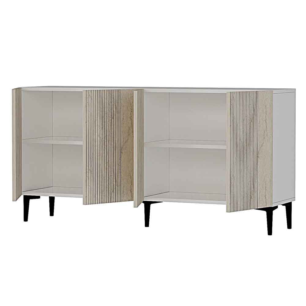 Corsa 1500mm Wooden Sideboard with 4 Doors in White and Travertine Marble Effect