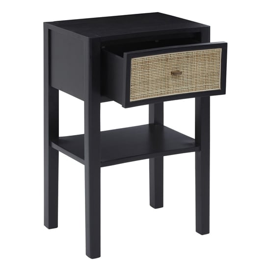 Photo of Corson cane rattan wooden bedside table with 1 drawer in black