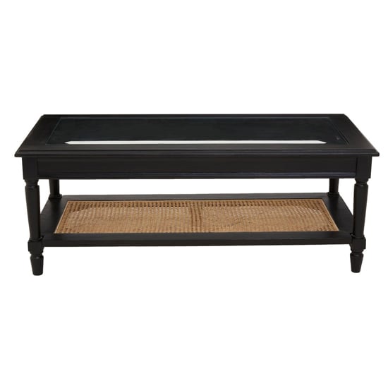Corson Clear Glass Coffee Table With Rattan Undershelf In Black