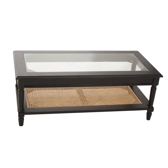 Corson Clear Glass Coffee Table With Rattan Undershelf In Black