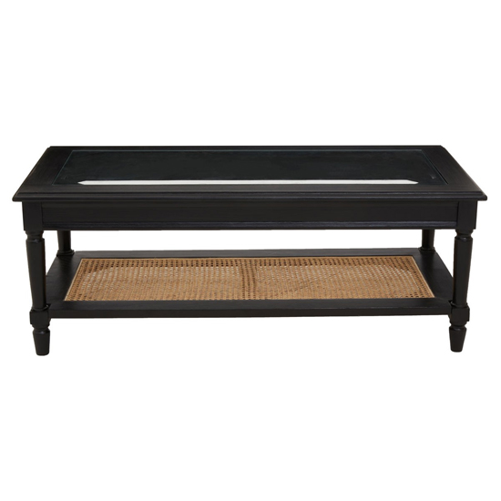 Corson Glass Top Coffee Table With Rattan Undershelf In Black