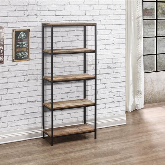 Coruna Wooden Bookcase Tall In Rustic And Metal Frame