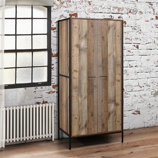 Photo of Coruna wooden wardrobe in rustic and metal frame with 2 doors