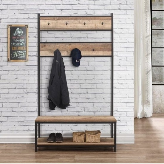 Coruna Wooden Coat Rack And Bench In Rustic And Metal Frame FiF