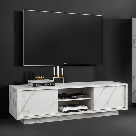 Corvi TV Stand In White Marble Effect With 2 Doors And 1 Shelf