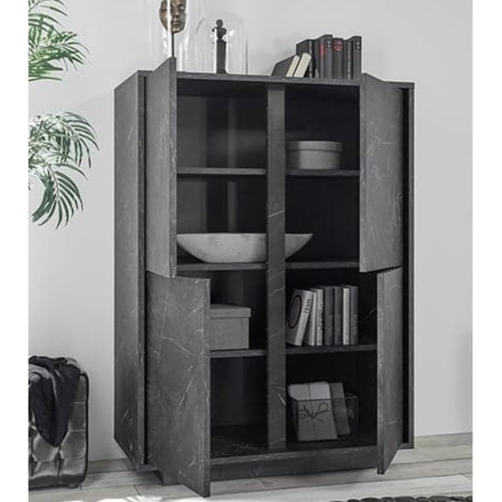 Corvi Wooden Highboard With 4 Doors In Black Marble Effect