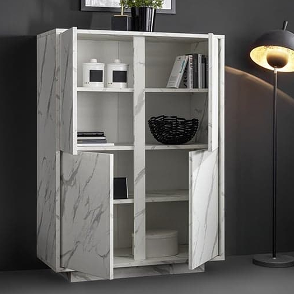 Corvi Wooden Highboard With 4 Doors In White Marble Effect