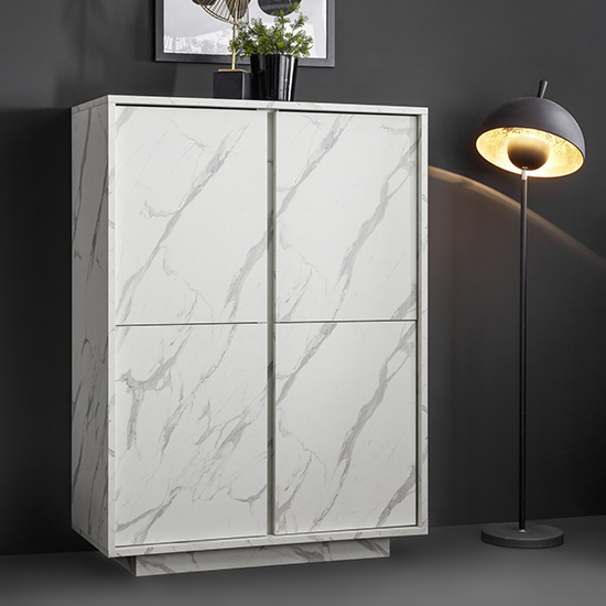 Photo of Corvi wooden highboard in white marble effect with 4 doors