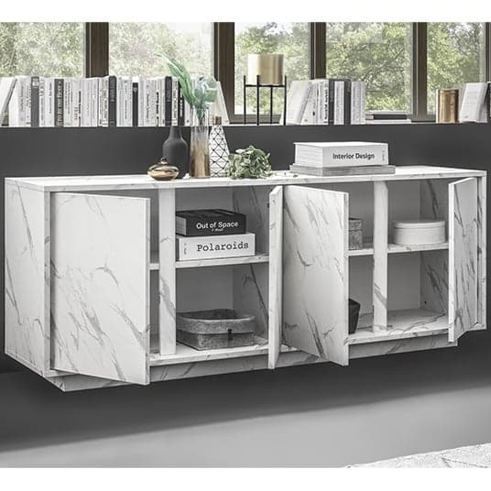 Corvi Wooden Sideboard With 4 Doors In White Marble Effect
