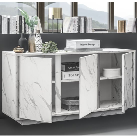 Corvi Wooden Sideboard In White Marble Effect With 3 Doors_2