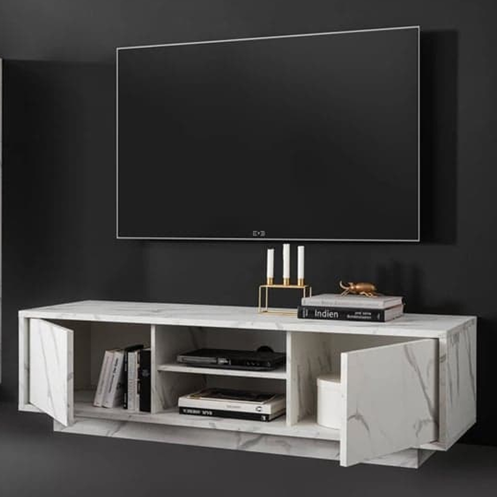 Corvi Wooden TV Stand With 2 Doors In White Marble Effect