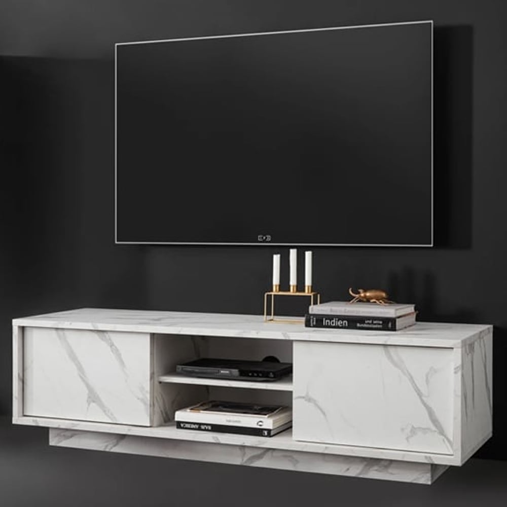 Read more about Corvi wooden tv stand with 2 doors in white marble effect