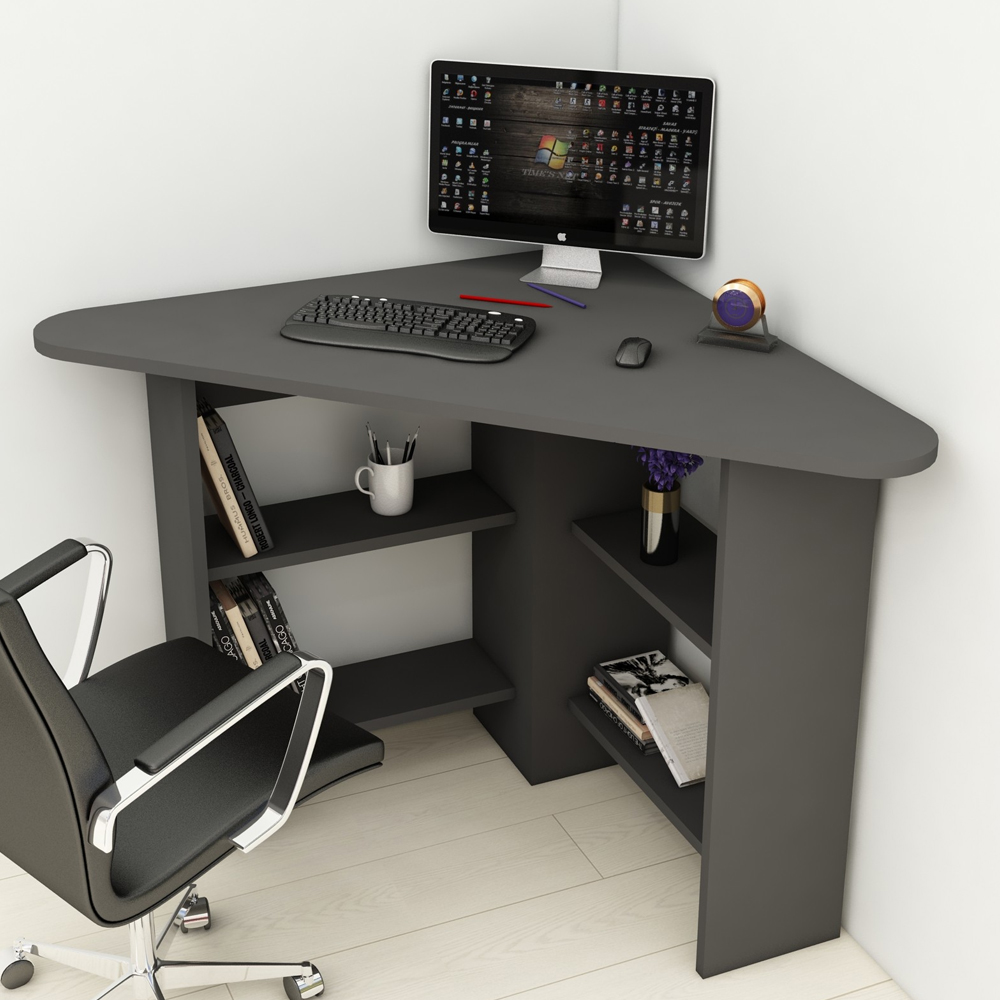 Corviano Wooden Corner Computer Desk With 4 Shelves In Anthracite