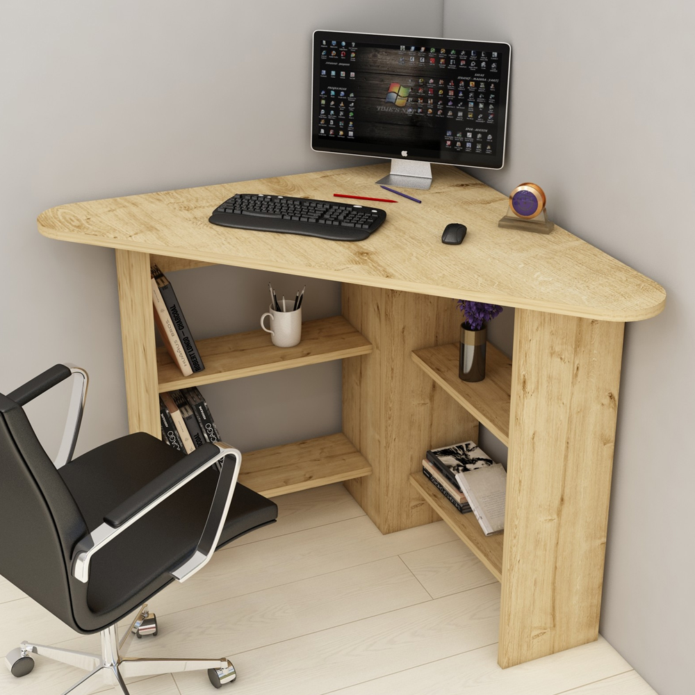 Corviano Wooden Corner Computer Desk With 4 Shelves In Sapphire Oak