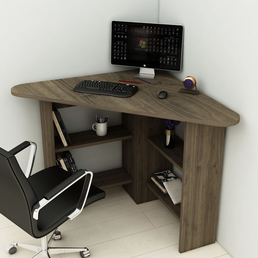 Corviano Wooden Corner Computer Desk With 4 Shelves In Walnut