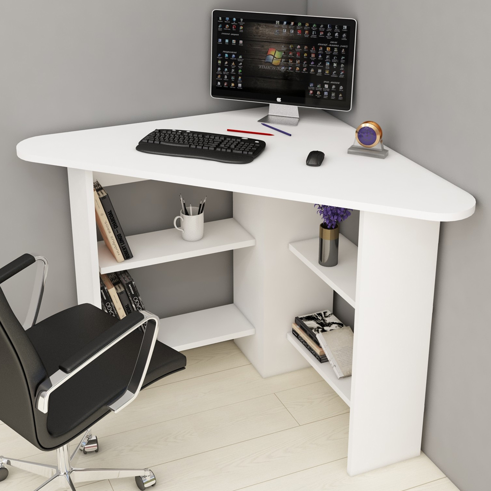 Corviano Wooden Corner Computer Desk With 4 Shelves In White