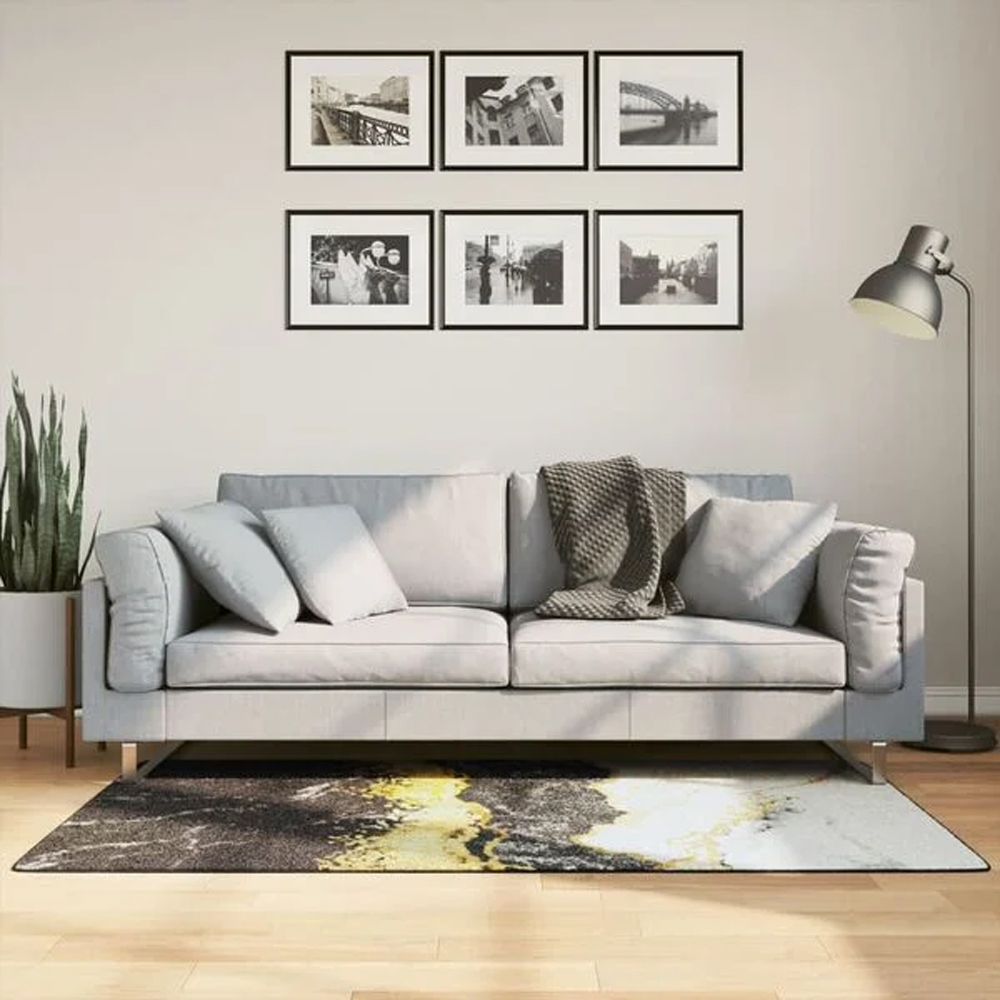 Corwin 150cm Polyester Washable Anti-Slip Rug In Gold, Black And White