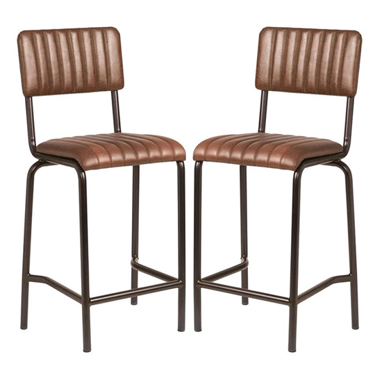 Corx Ribbed Vintage Brown Faux Leather Mid Bar Stools In Pair