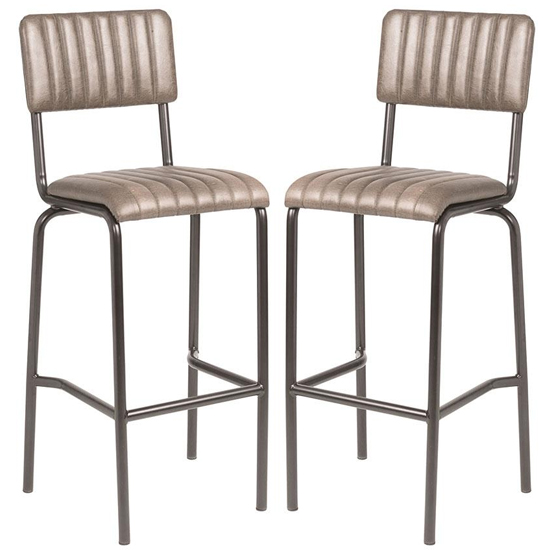 Corx Ribbed Vintage Silver Faux Leather Mid Bar Stools In Pair