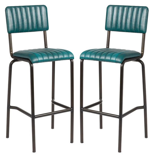 Corx Ribbed Vintage Teal Faux Leather Bar Stools In Pair