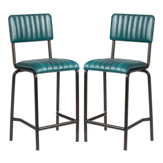 Corx Ribbed Vintage Teal Faux Leather Mid Bar Stools In Pair