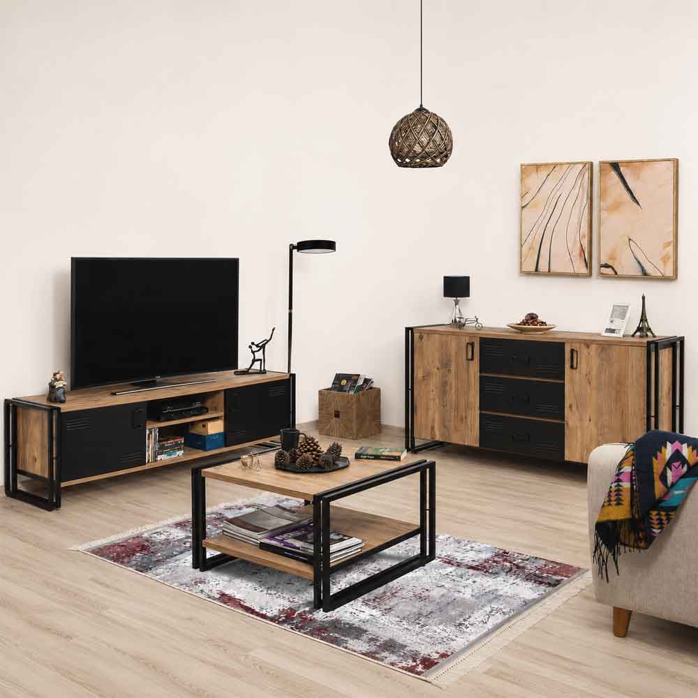 Cosmo Small Wooden Living Room Furniture Set in Atlantic Pine and Black