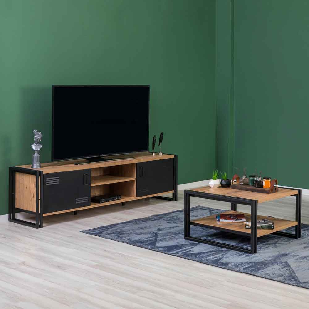 Cosmo Wooden TV Stand and Coffee Table Set in Atlantic Pine and Black