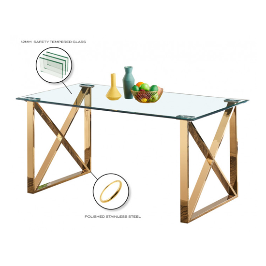 Costa Clear Glass Dining Table With Gold Stainless Steel Legs