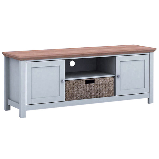 Photo of Cotswolds wooden tv stand with 2 doors in grey and oak