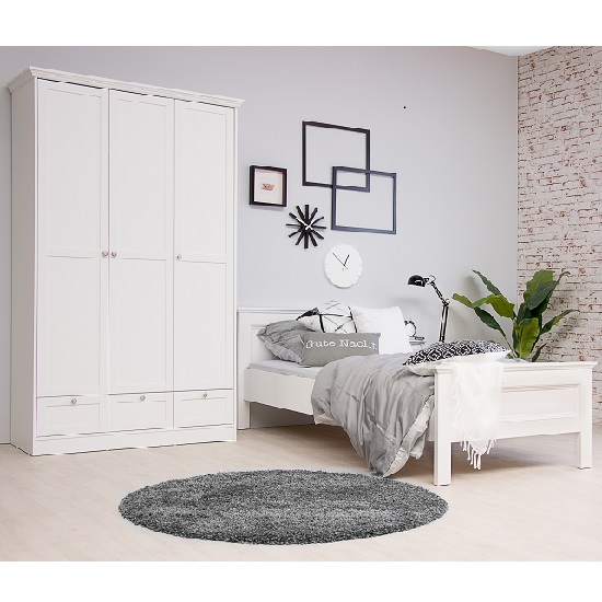 Country Wooden Wardrobe In White With 3 Doors And 3 Drawers_5