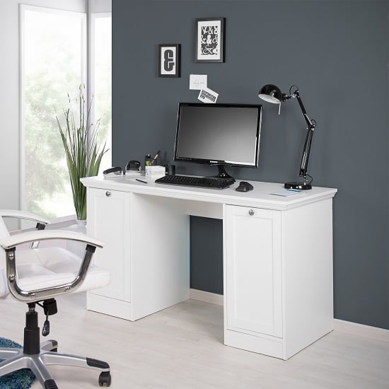 Country Modern Computer Desk In White With 2 Doors_1