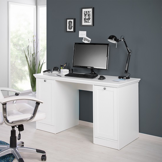 Read more about Country modern computer desk in white with 2 doors