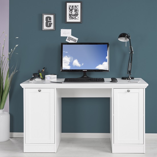 Country Modern Computer Desk In White With 2 Doors_2
