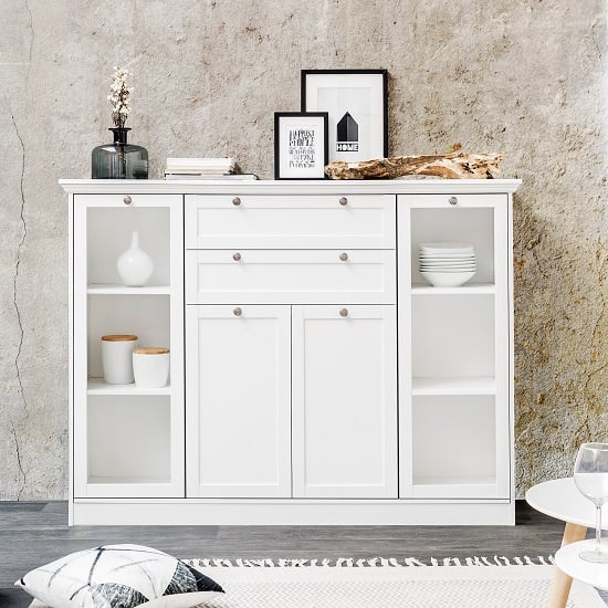 Photo of Country glass highboard in white with 4 doors