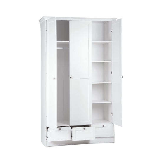 Country Wooden Wardrobe In White With 3 Doors And 3 Drawers_2